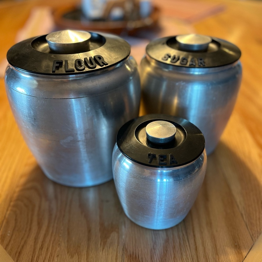 Vintage Kromex Spun aluminum Metal Kitchen Canister Set - Flour Sugar Tea